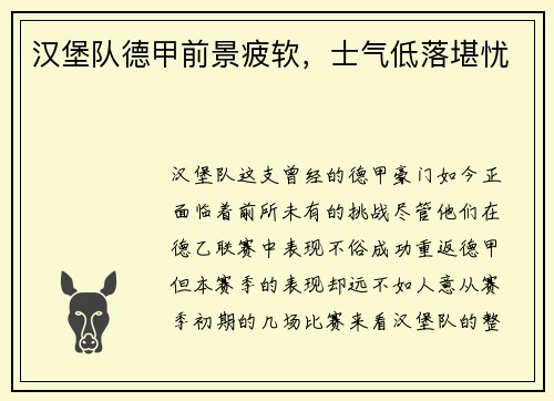 汉堡队德甲前景疲软，士气低落堪忧